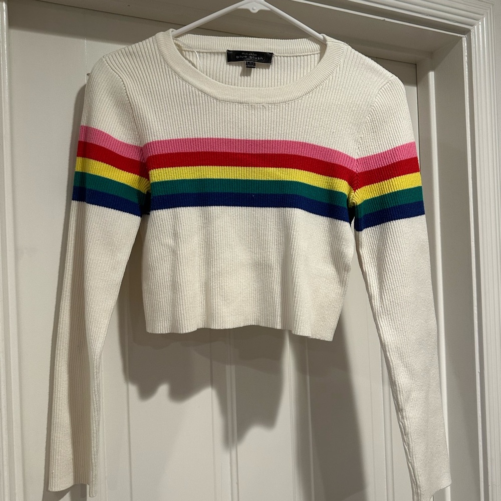 Blue Blush Rainbow stripe cropped white sweater